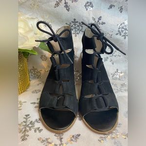 Hinge Black Suede Lace Up Open Toe Block Heel Bootie Sandal  Shoes Women Size 7M